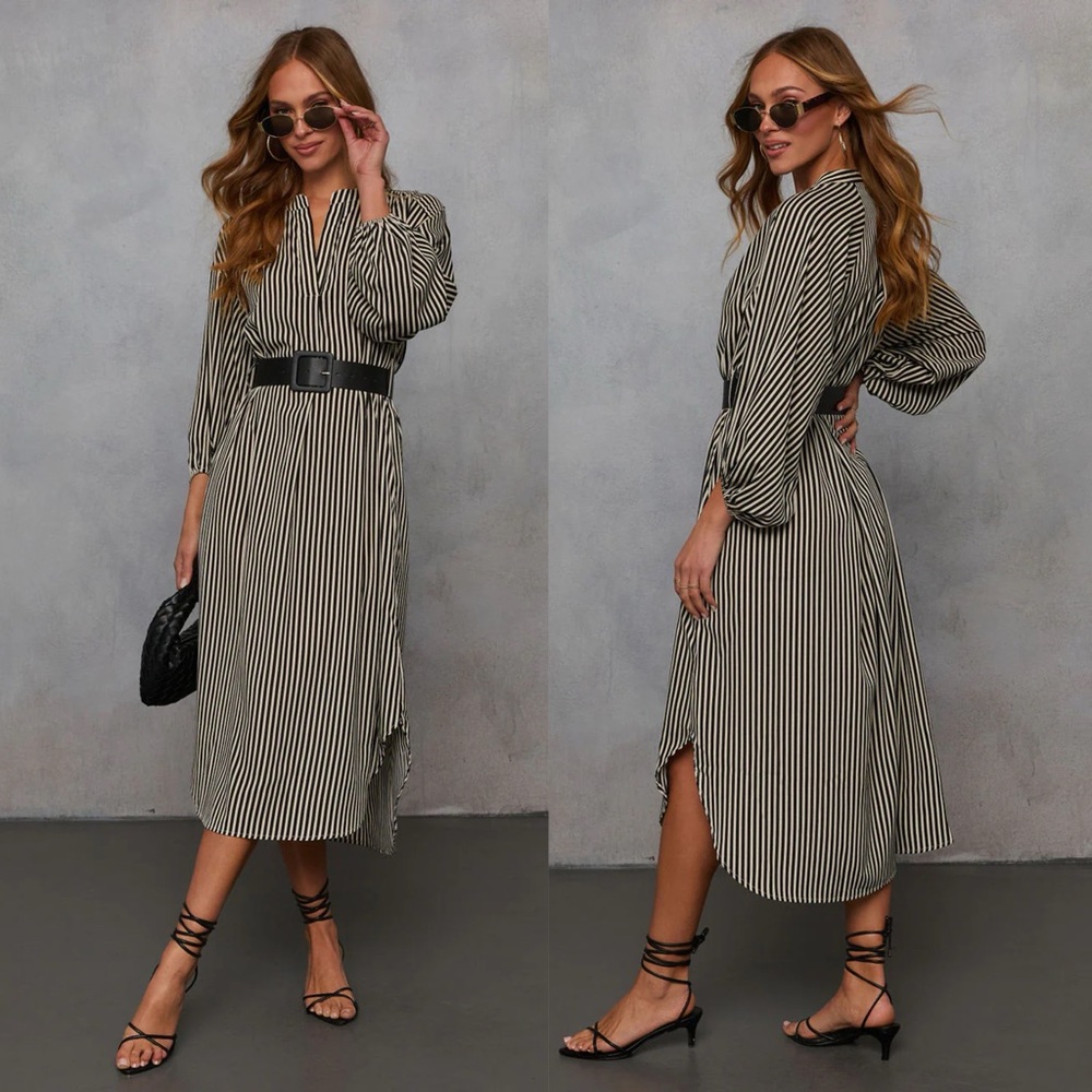 Black/White Striped Pocketed Belted Dress (XS, S)